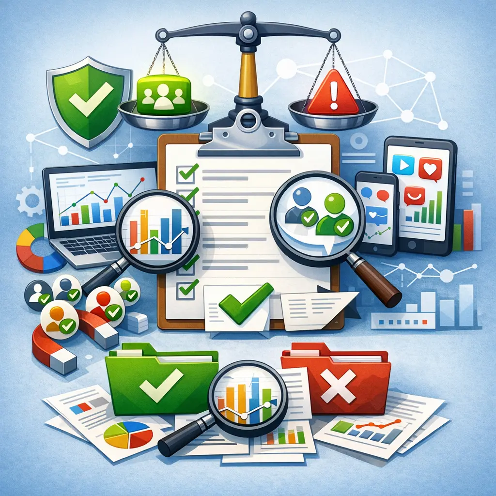 데이터 대조를 통한 진성 활성 채널 판별 및 신뢰도 검증 체크리스트 일러스트