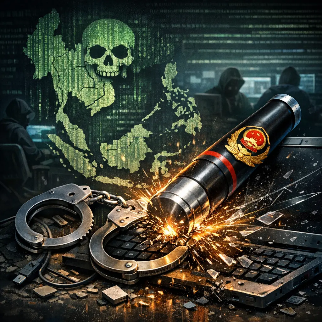 동남아시아 사이버 범죄 조직 근절을 상징하는 중국 공안의 법봉과 수갑 이미지