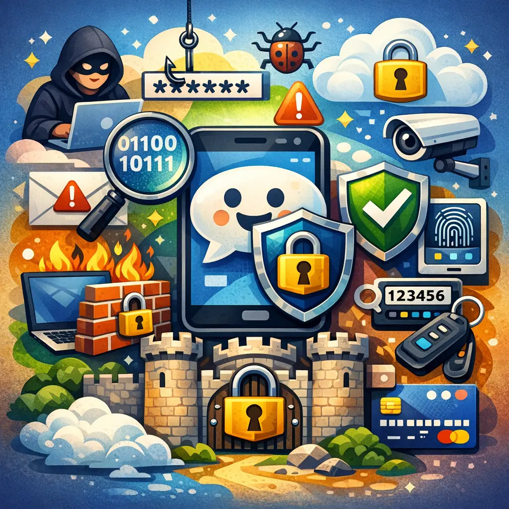 메신저 보안 알고리즘 대응 및 계정 보호 수칙을 시각화한 일러스트