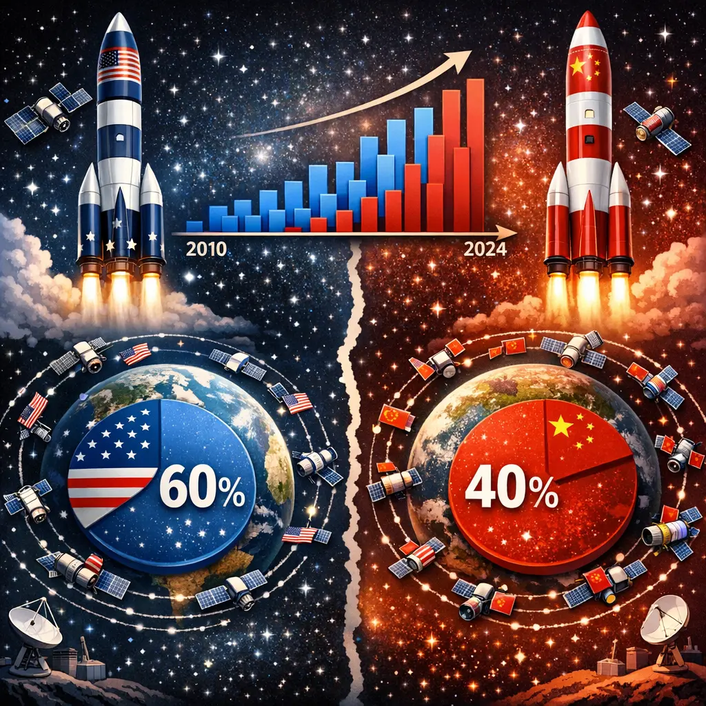 미국과 중국의 연도별 위성 발사 횟수 및 저궤도 점유율 비교 데이터 시각화 차트 인포그래픽