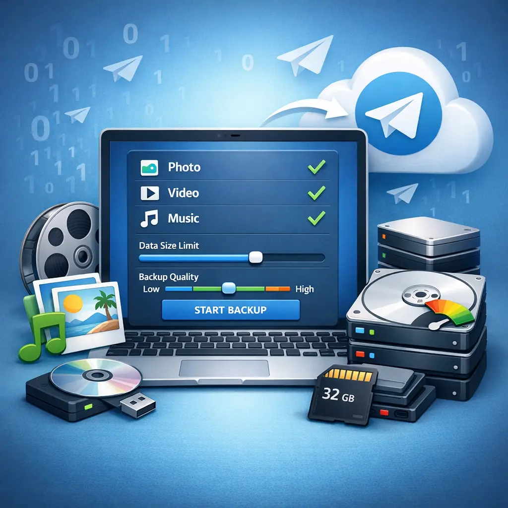 미디어 포함 여부 및 데이터 크기 제한을 설정하는 텔레그램 데스크톱 백업 인터페이스