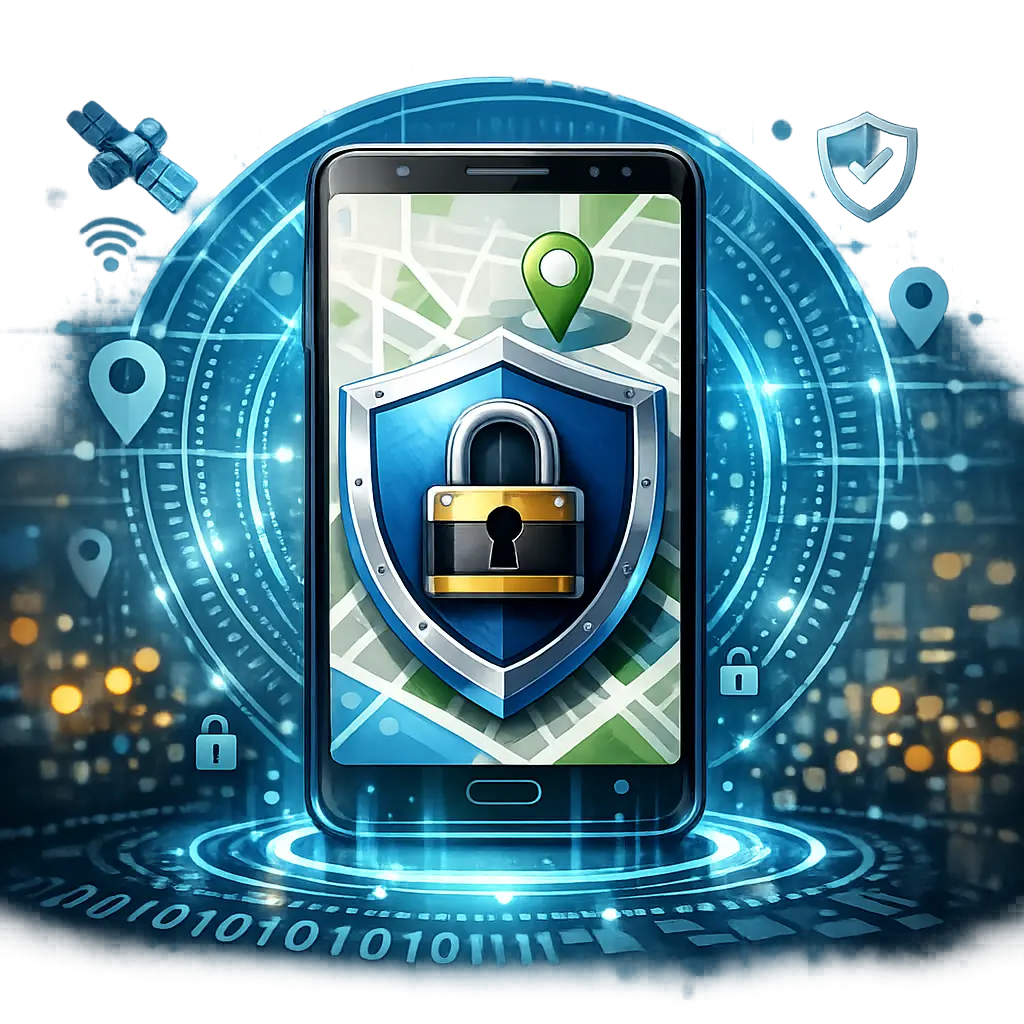 보안 방패와 잠금 기호가 표시된 스마트폰 위치 정보 보호 설정 그래픽