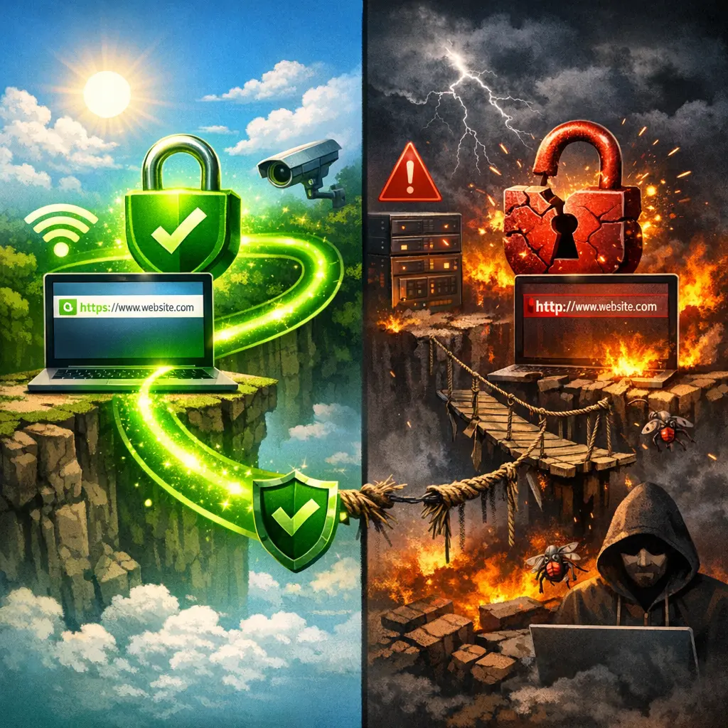 보안 프로토콜 적용 여부에 따른 웹사이트 주소 연결 상태 비교 인포그래픽