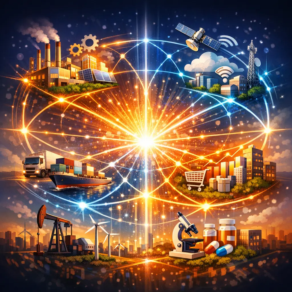 서로 다른 산업군이 연결되어 비즈니스 시너지를 창출하는 네트워킹 그래픽 이미지