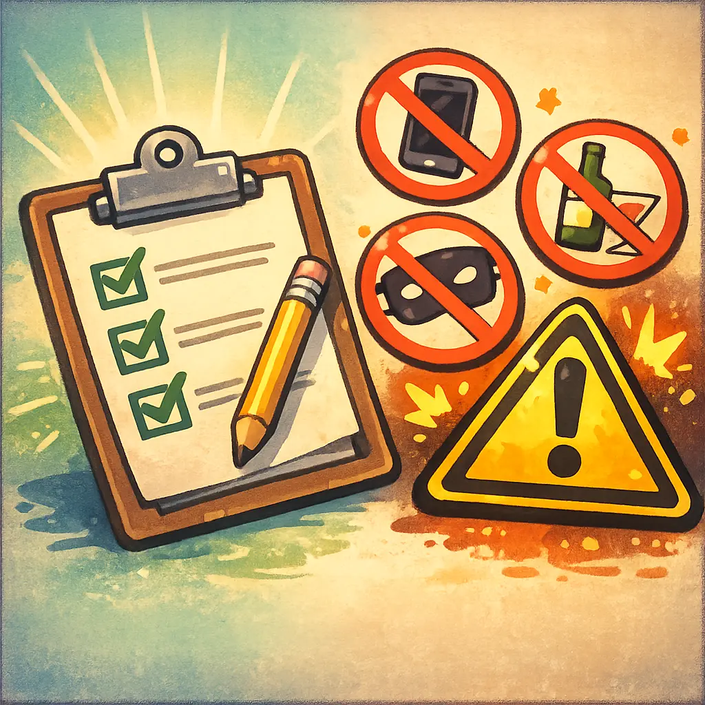 서비스 이용 수칙과 법적 금지 행위를 상징하는 체크리스트와 경고 표지판 아이콘 일러스트