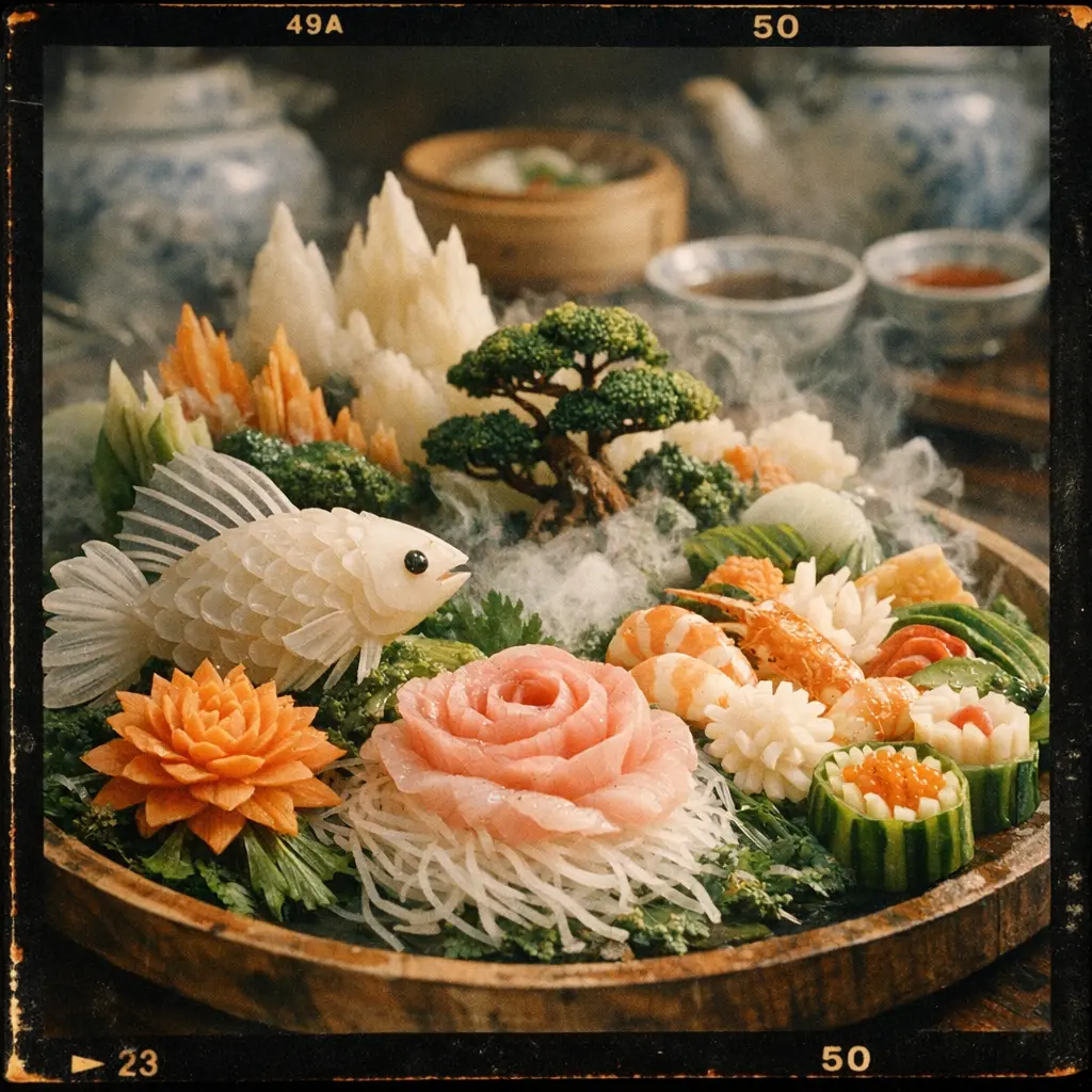 섬세한 칼질로 정교하게 다듬어진 신선한 해산물과 채소 요리가 차려진 중국 남부 지역의 예술적인 상차림 이미지.