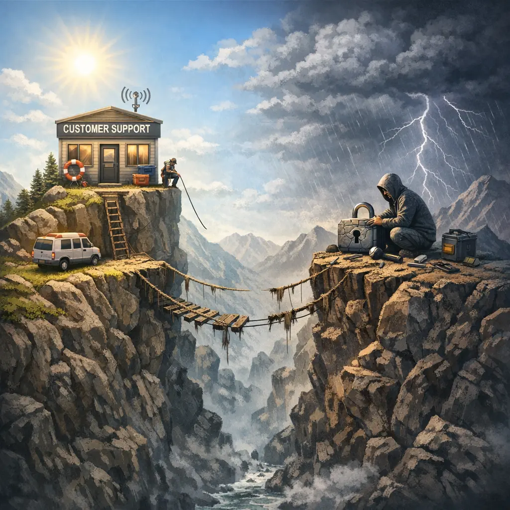 수탁형과 비수탁형 지갑 간의 고객센터 복구 지원 범위 및 기술적 한계를 나타낸 비교 도표