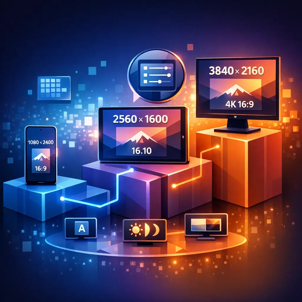 스마트폰, 태블릿, PC 기기별 최적 해상도 및 디스플레이 모드 설정 비교 인포그래픽