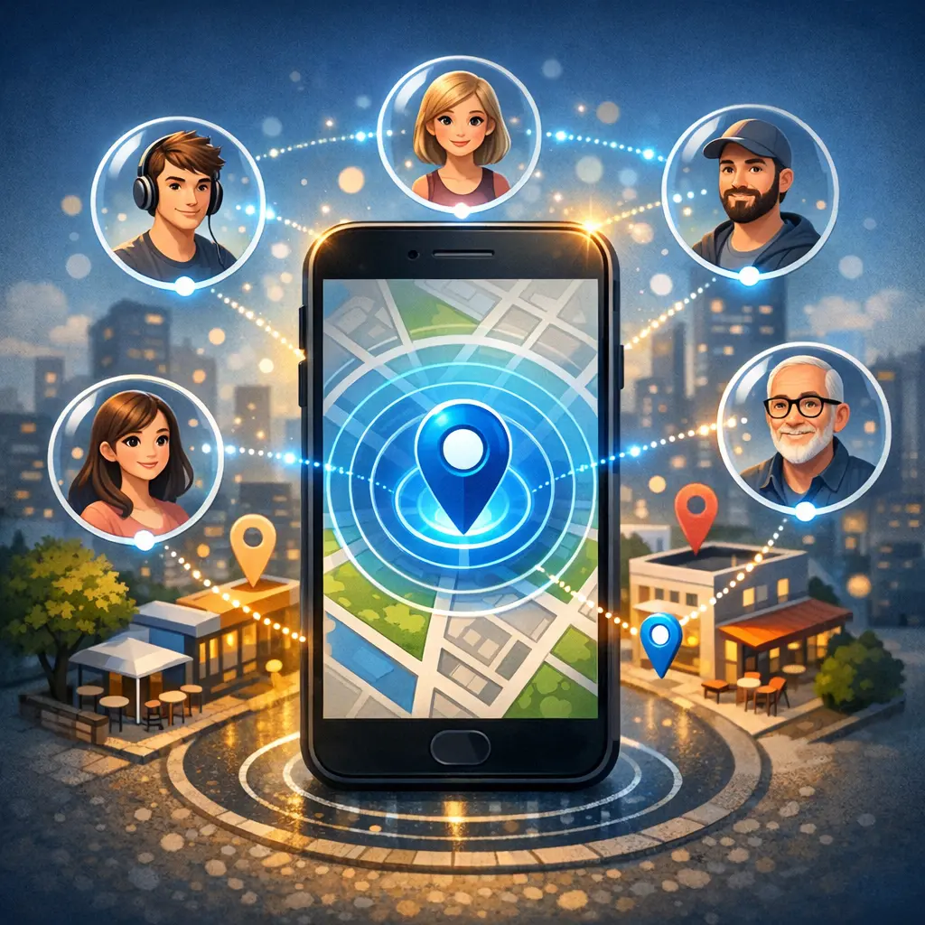 스마트폰 텔레그램 앱의 위치 기반 근처 사용자 탐색 화면 이미지