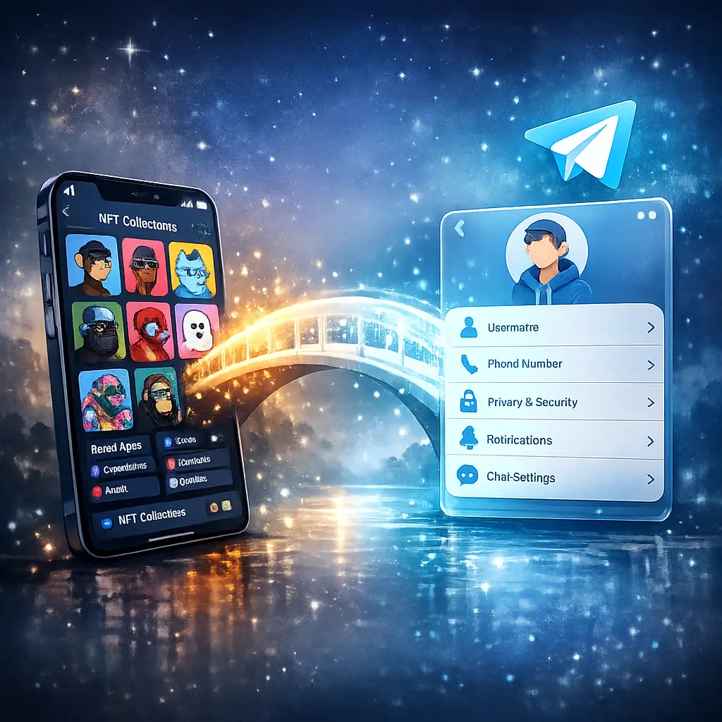 스마트폰 화면에 나열된 다양한 NFT 컬렉션과 텔레그램 계정 설정 UI 그래픽