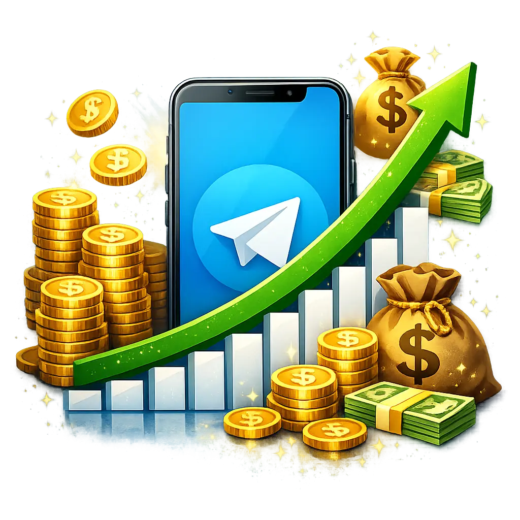 스마트폰 화면 속 텔레그램 로고와 상승하는 수익 그래프 및 금전 아이콘 일러스트