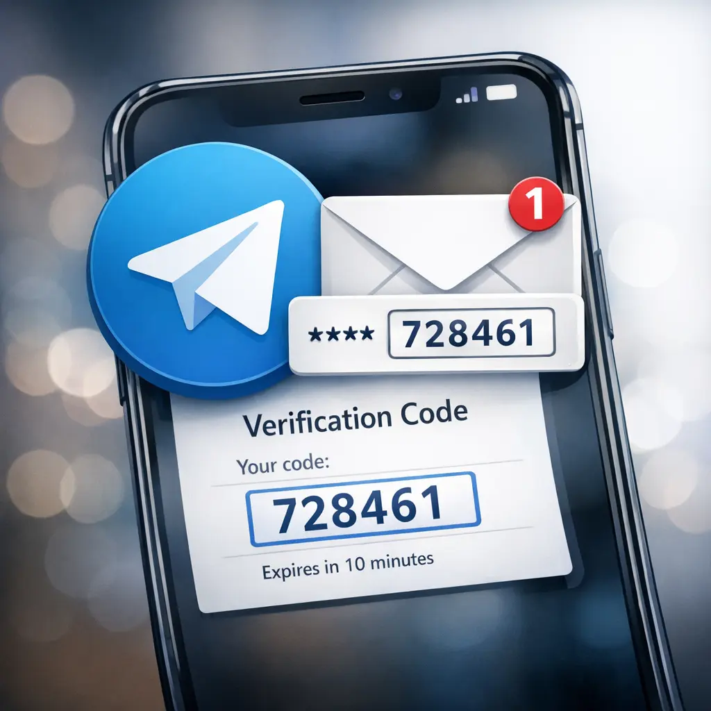 스마트폰 화면 위로 겹쳐진 텔레그램 아이콘과 이메일 인증 코드 수신 시각화 이미지