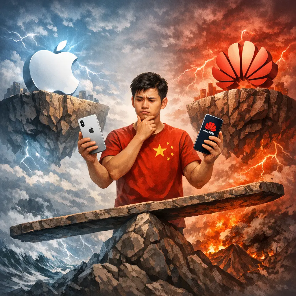 애플 아이폰과 화웨이 스마트폰을 양손에 들고 고민하는 중국 소비자의 모습