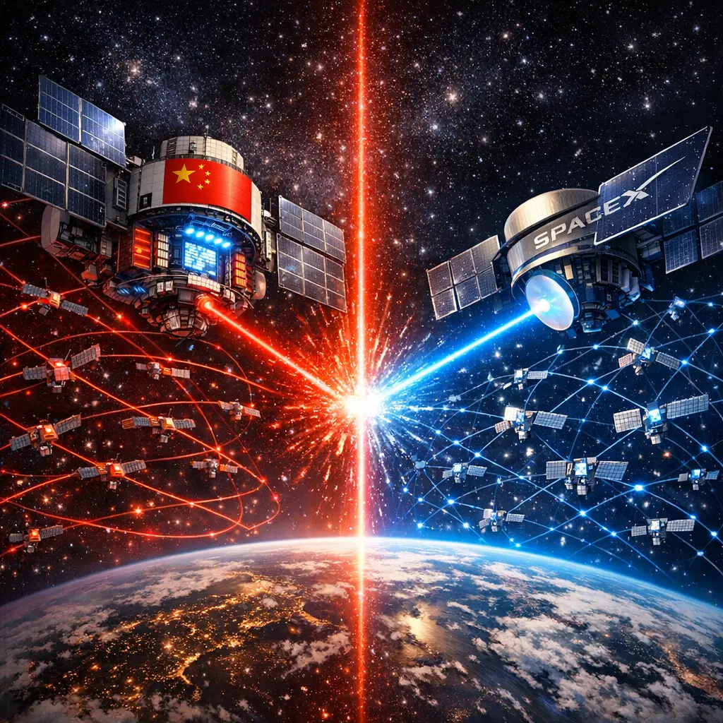 우주 궤도에서 대치하는 중국의 AI 데이터센터 위성과 스페이스엑스의 위성망 경쟁 시각화 이미지