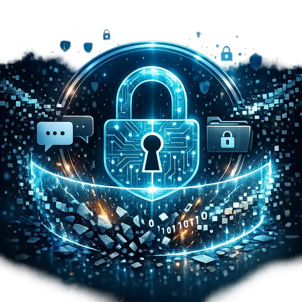 자물쇠 아이콘으로 형상화된 암호화 비밀 대화 및 데이터 흔적 차단 시각화 이미지