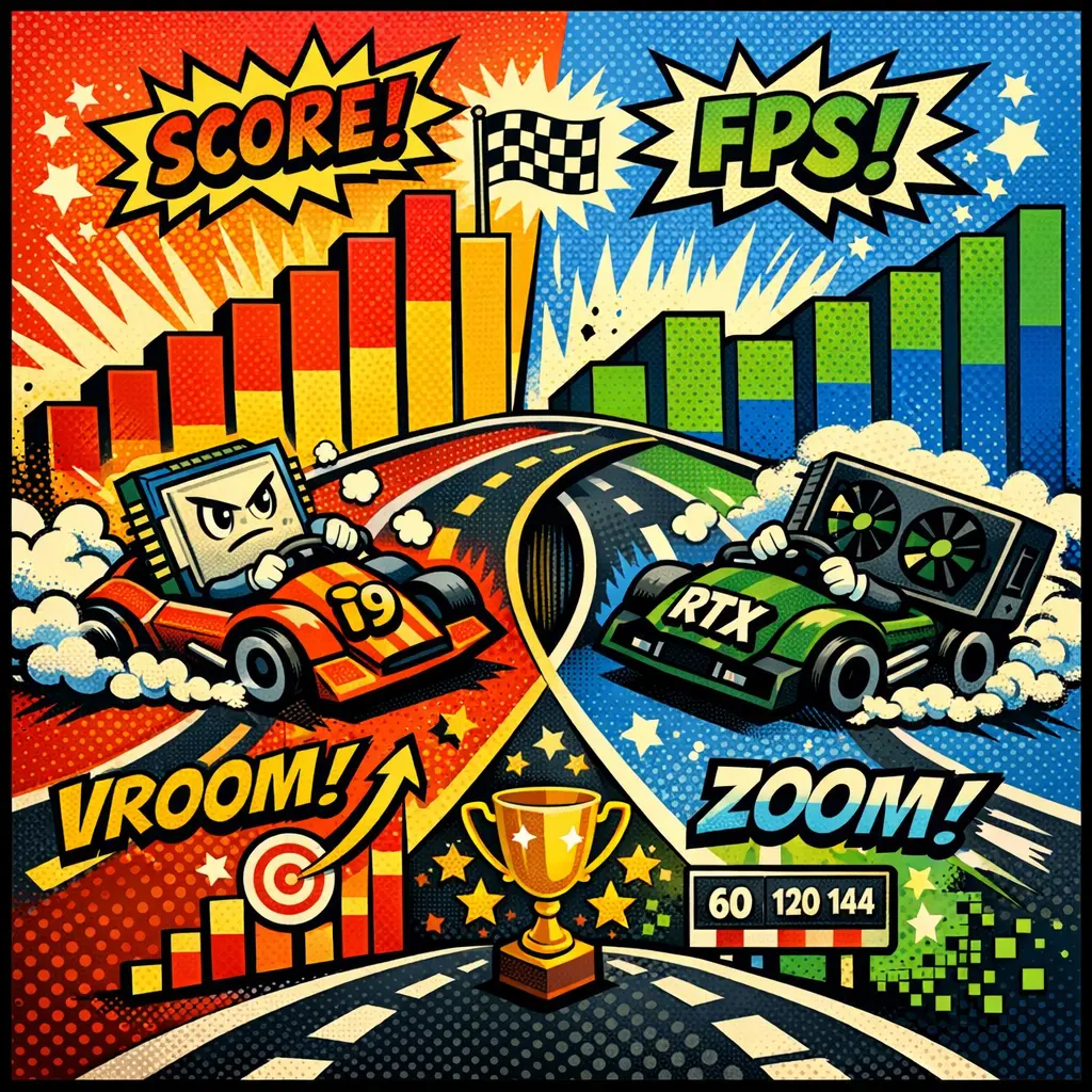 주요 하드웨어 조합별 벤치마크 점수 및 게임 프레임 성능 비교 차트 이미지