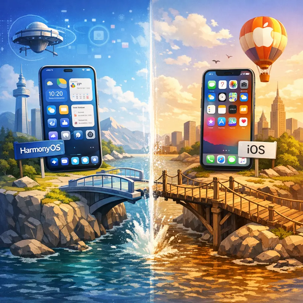 중국 내수용 앱 실행 화면을 통해 대조한 하모니OS와 iOS의 시스템 UI 및 레이아웃 비교 그래픽