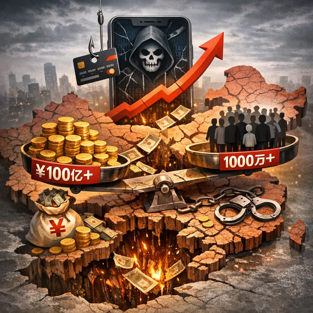 중국 내 온라인 금융 사기 누적 피해액과 피해자 통계치를 시각화한 데이터 분석 인포그래픽 이미지