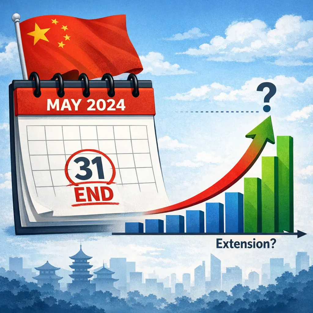 중국 무비자 시범 운영 종료 기한과 정책 연장 가능성을 시각화한 캘린더와 데이터 그래프 일러스트