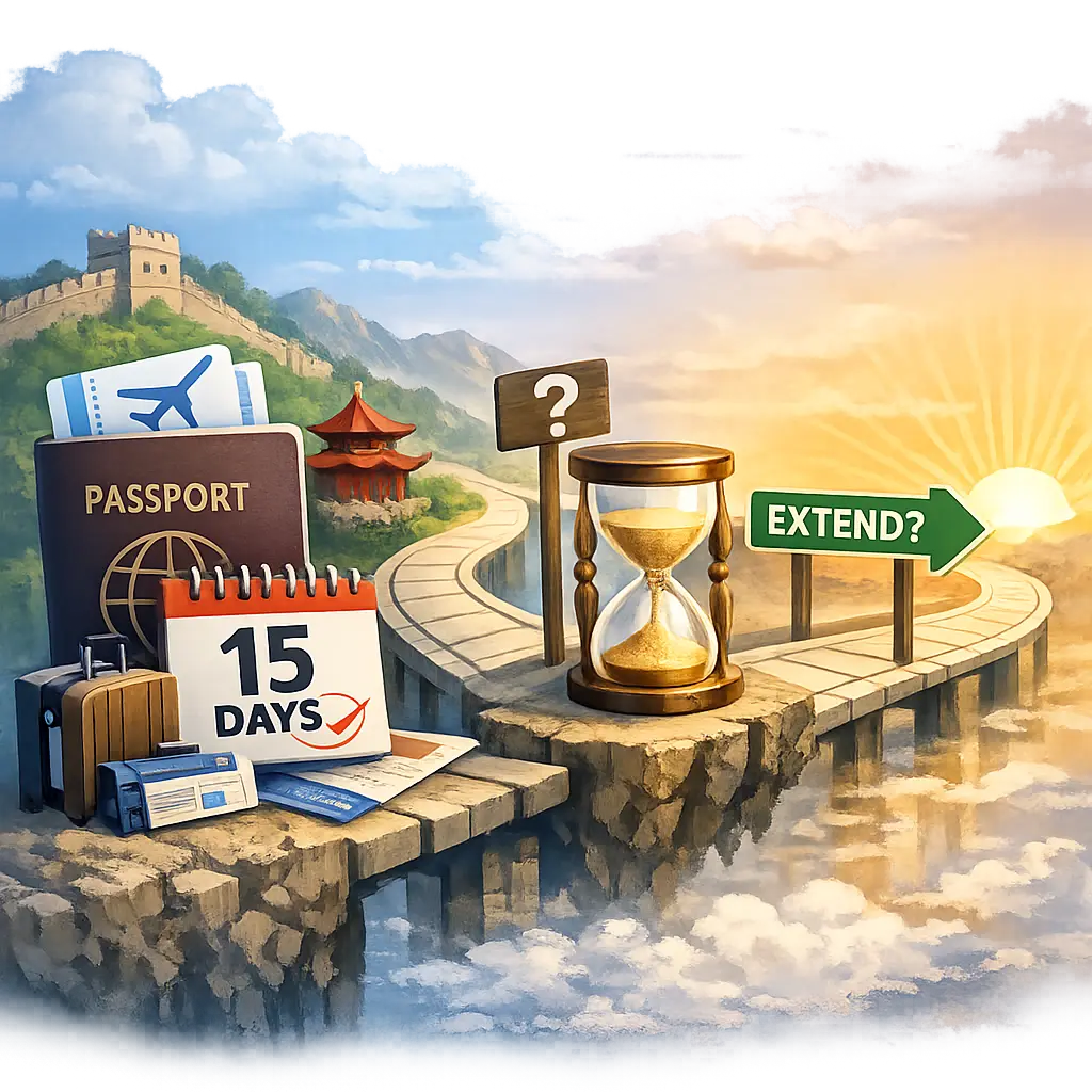 중국 비자 면제 혜택의 유효 기간 및 향후 연장 가능성을 나타낸 인포그래픽 이미지