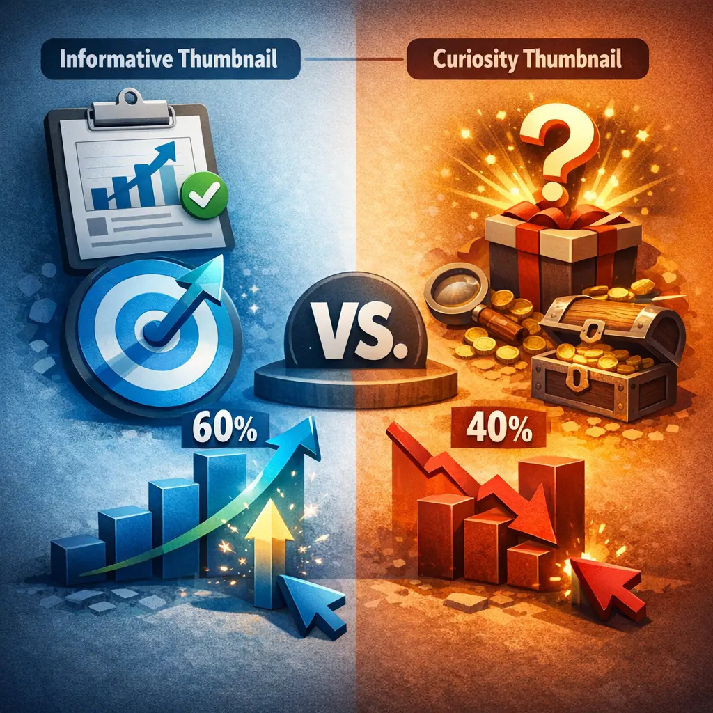 직관적인 정보 전달형과 호기심 유발형 썸네일의 클릭률 성과 비교 인포그래픽 차트