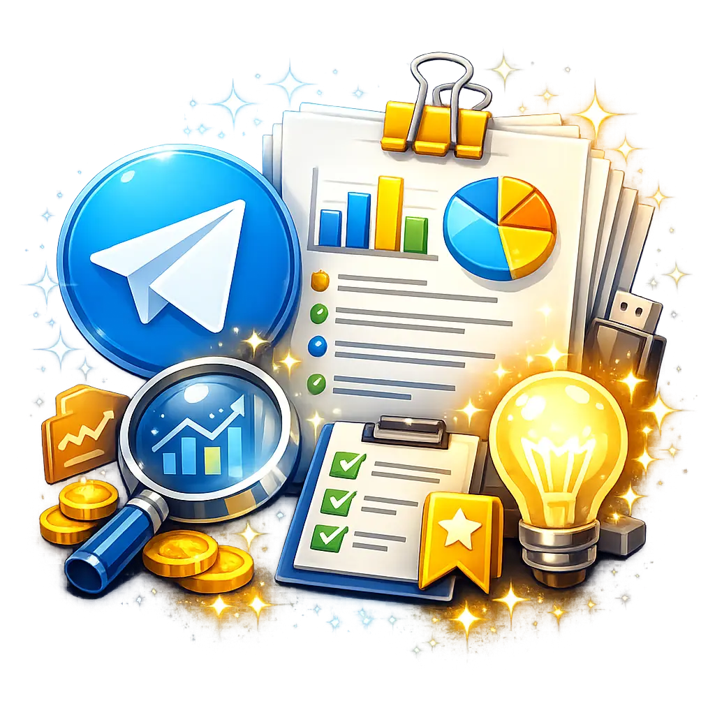 텔레그램 로고와 함께 반짝이는 핵심 요약 정보 꾸러미 아이콘