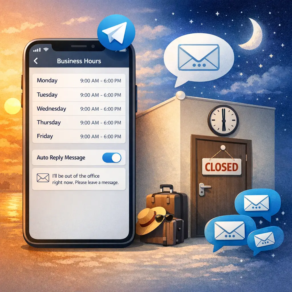 텔레그램 앱의 영업 시간 설정 메뉴와 자동 부재중 메시지 발송 기능을 시각화한 이미지