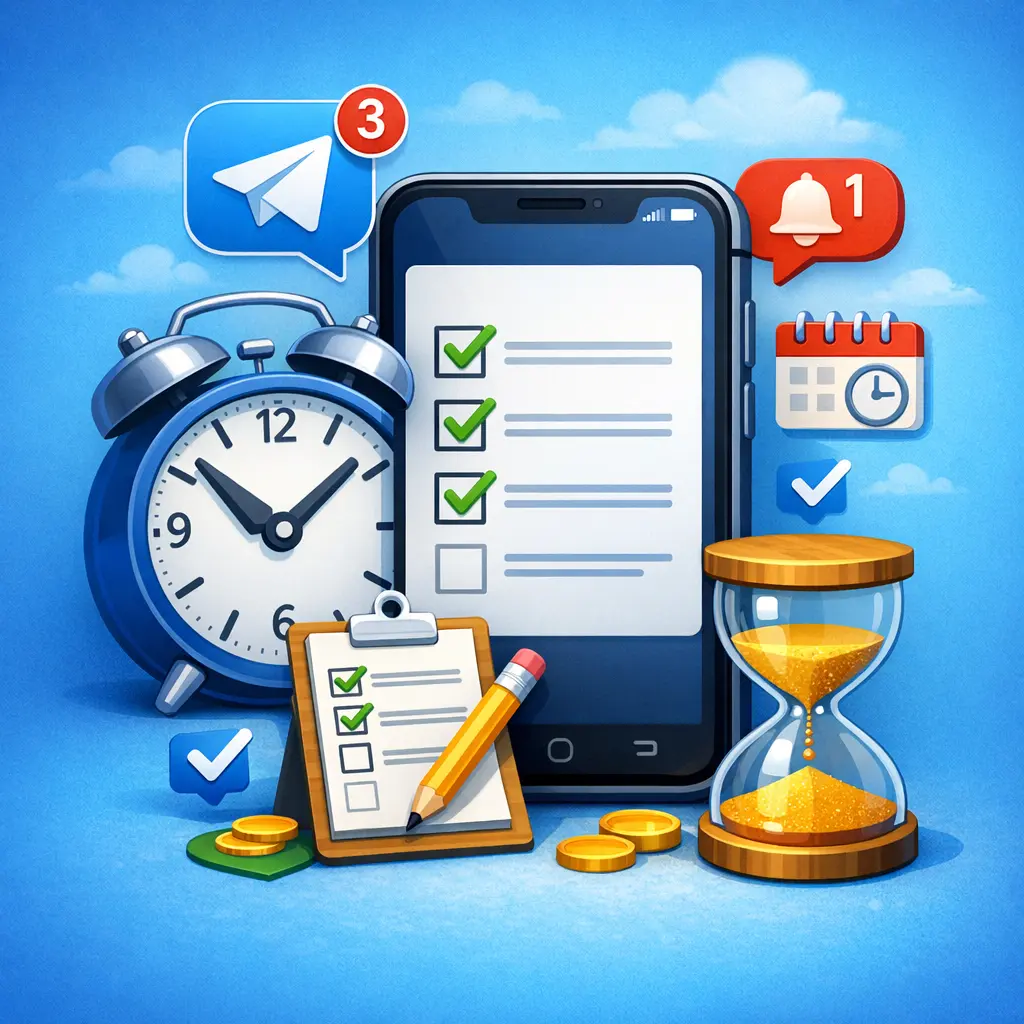 텔레그램 앱 알림과 체크리스트로 시간을 관리하는 스마트폰 그래픽 이미지