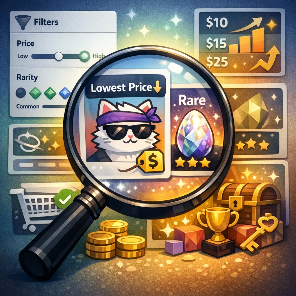 프래그먼트 마켓플레이스 내 최저가 및 희귀도 기반 조건 검색 필터 활용 예시