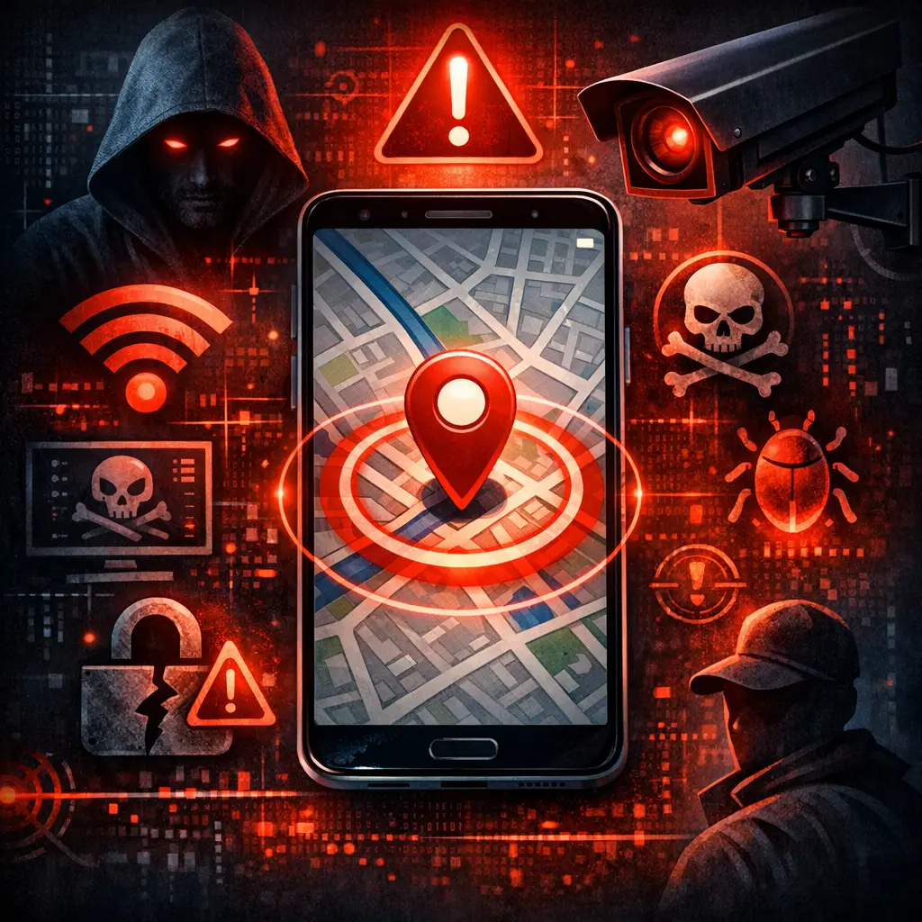 실시간 위치 정보 노출 및 보안 위협을 경고하는 스마트폰 지도 그래픽
