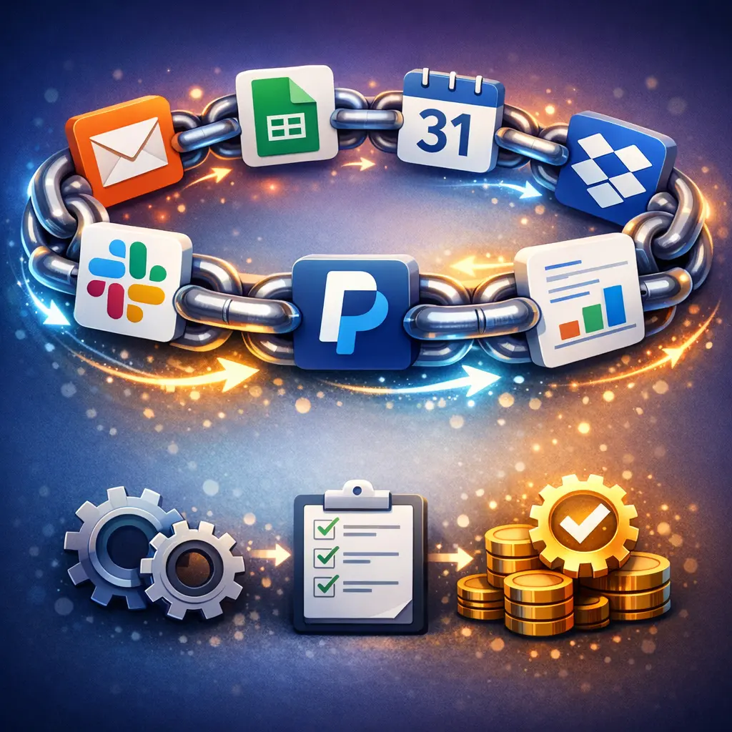 여러 업무용 앱이 체인처럼 연결되어 반복 태스크를 자동으로 해결하는 자동화 흐름도