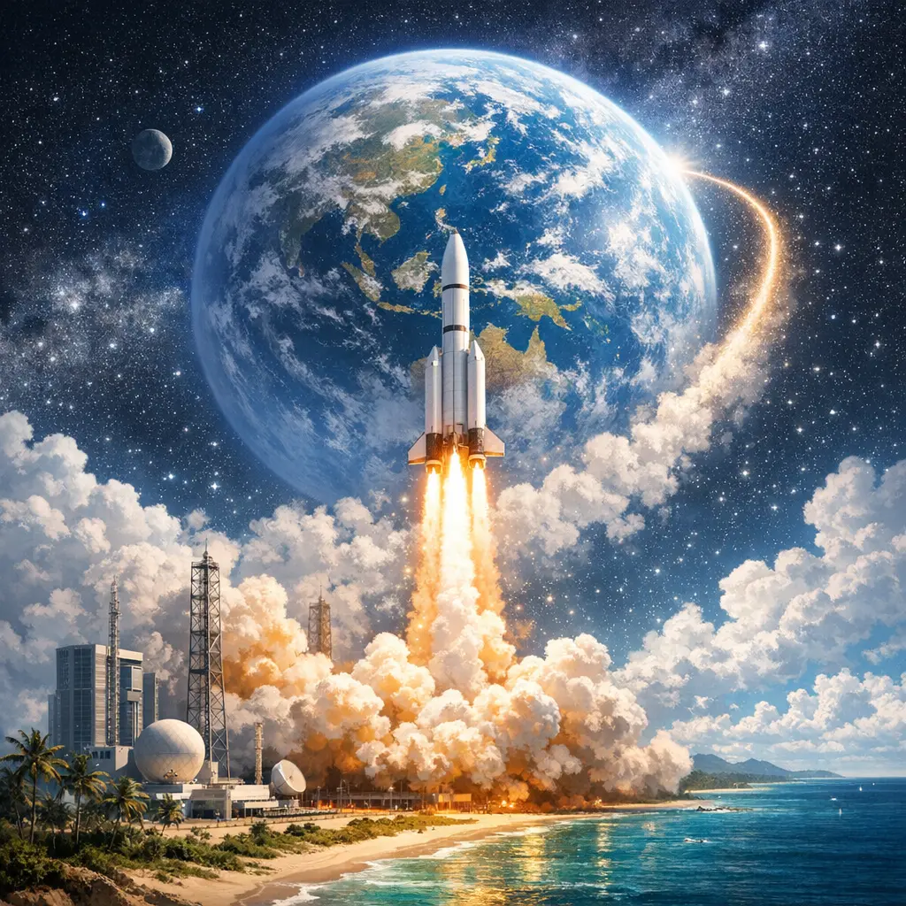 하이난 해안가 상업 발사장 부지에서 우주로 솟구쳐 오르는 민간 로켓의 비행 모습