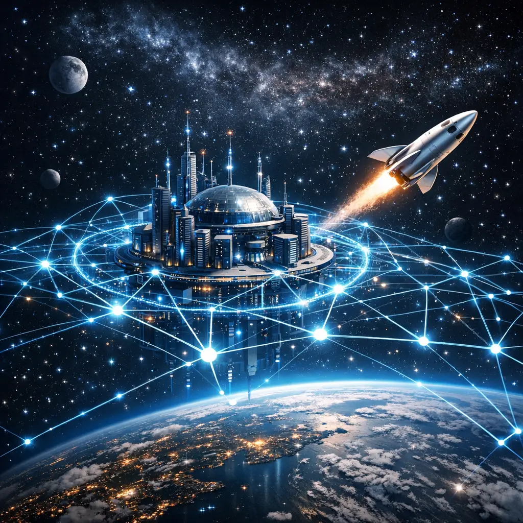 인공지능 망으로 연결된 미래 지향적 우주 데이터 센터와 궤도를 비행하는 민간 관광 로켓의 모습