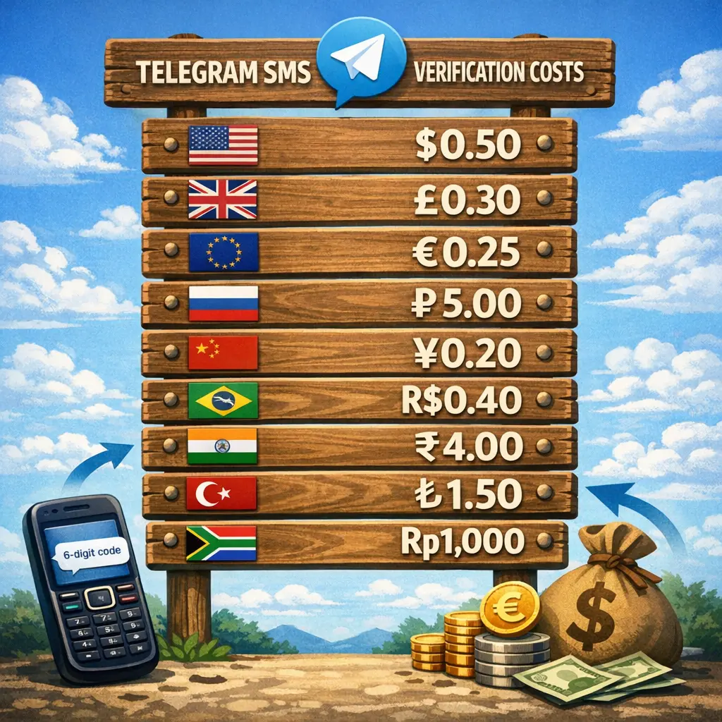 국가별 텔레그램 인증 문자 요금을 국기와 환율 기호로 정리한 인포그래픽 도표