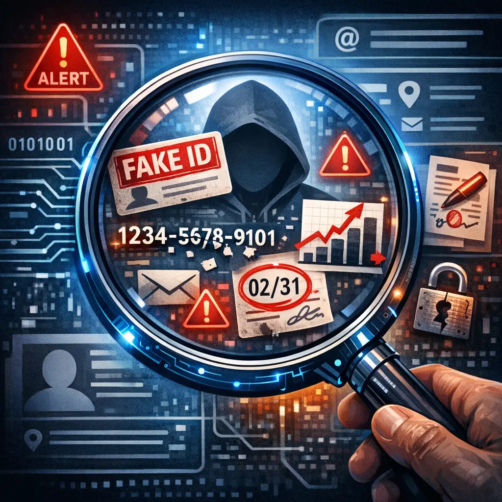 디지털 돋보기로 가짜 익명 프로필의 데이터 위조 징후를 감별하는 보안 일러스트