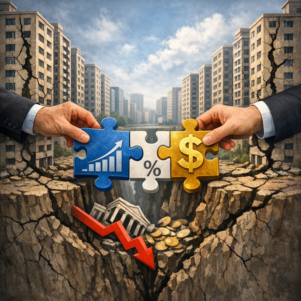 금이 간 대규모 주거 단지 사이로 퍼즐 조각을 맞춰 금융 위기를 수습하는 상징적 삽화