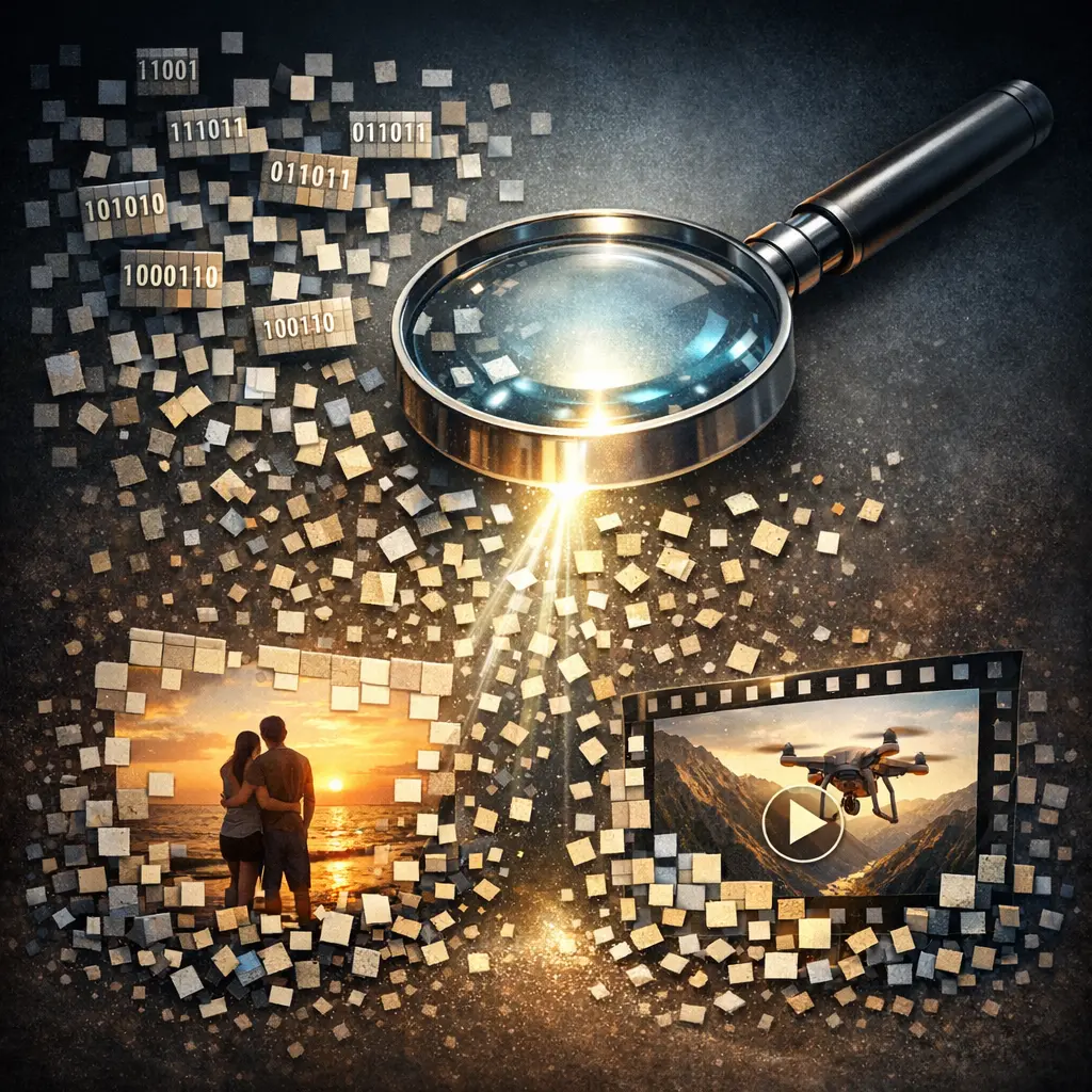 파편화된 이진 데이터 블록을 결합하여 삭제된 사진과 영상을 복원하는 카빙 기법 그래픽