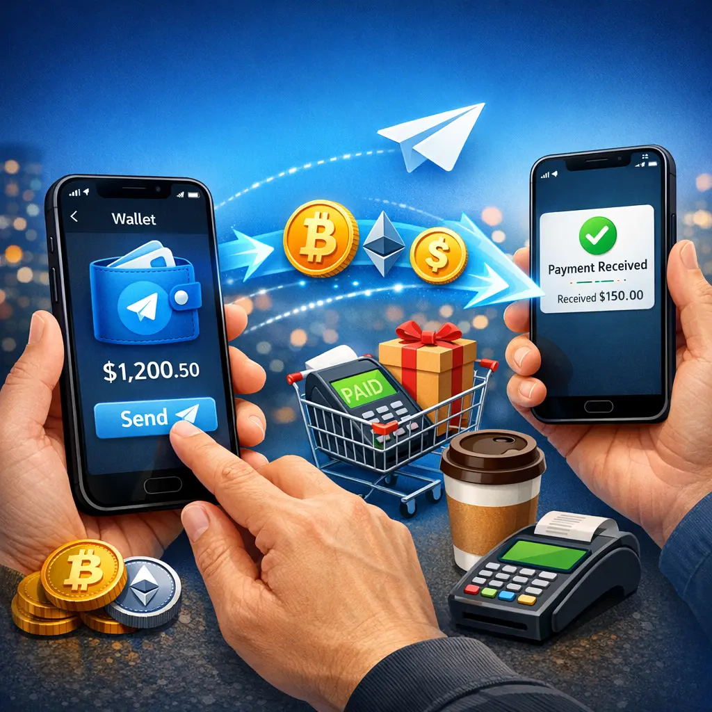 스마트폰 텔레그램 앱 내 지갑을 활용한 디지털 자산 송금 및 간편 결제 과정 시각화 이미지