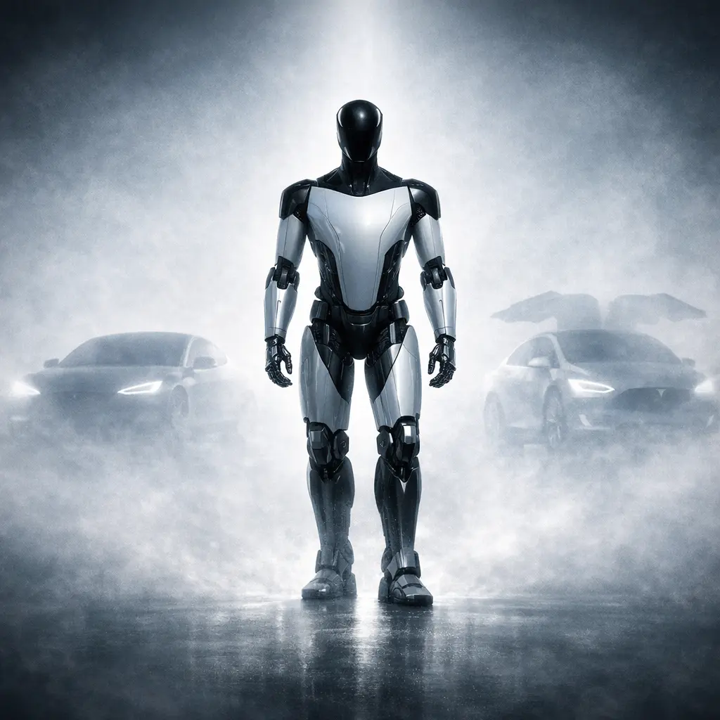 희미해지는 테슬라 모델 S·X 실루엣과 그 중심에 당당히 서 있는 휴머노이드 로봇 옵티머스 이미지