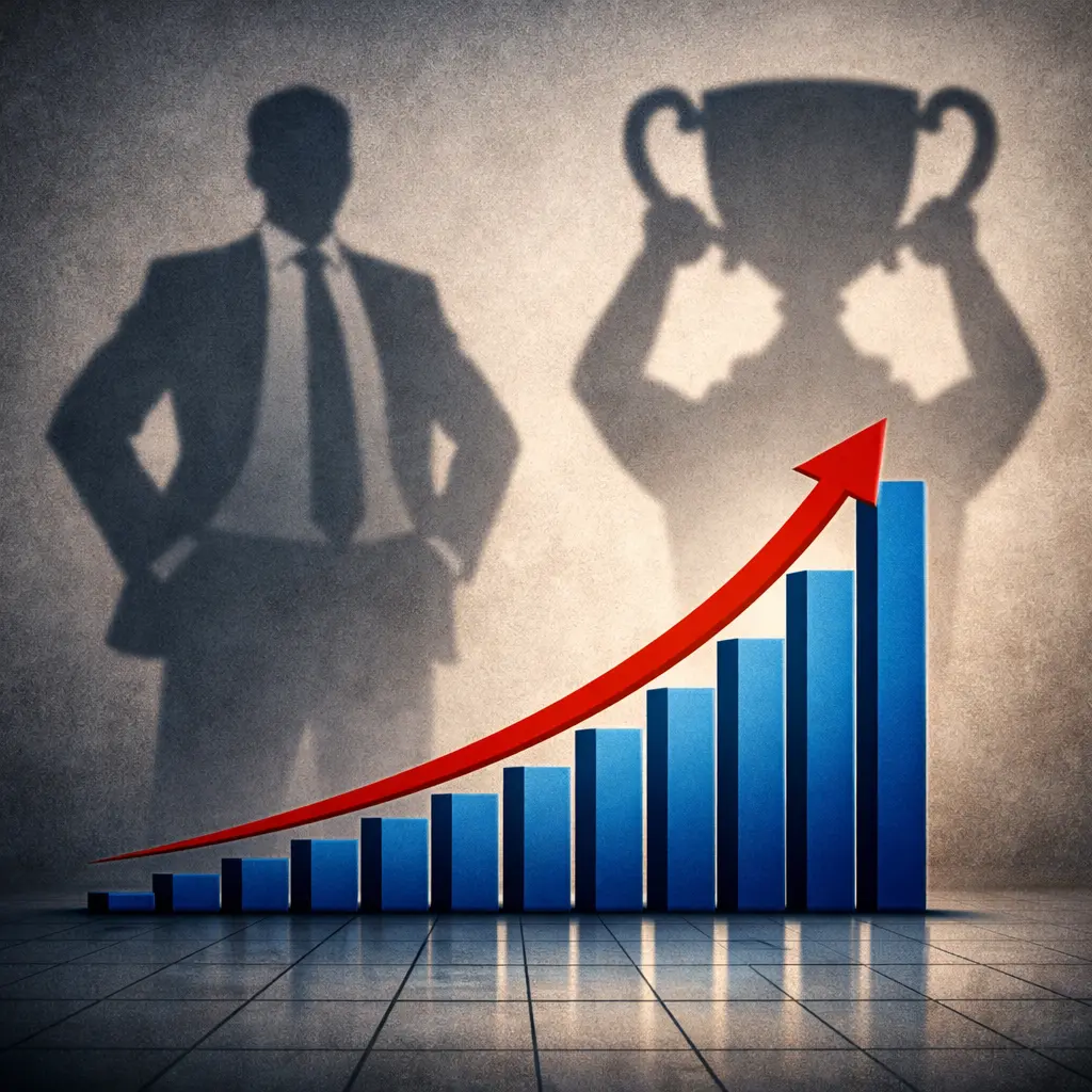 상승하는 영업이익 그래프 뒤로 드리워진 두 개의 짙은 그림자 형상 이미지