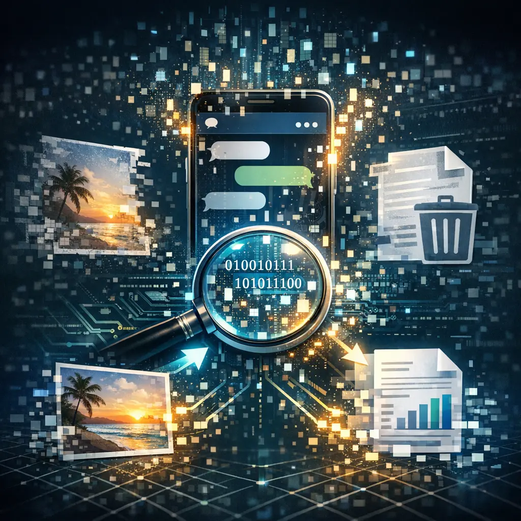 메신저 내 캐시된 데이터를 추적하여 삭제된 이미지와 문서를 되살리는 디지털 복구 작업 그래픽