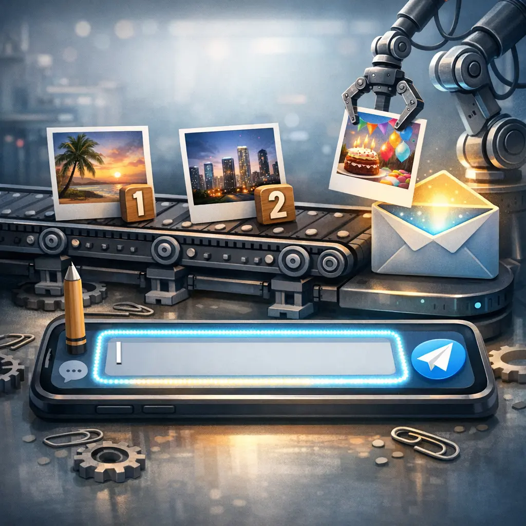 순서가 지정된 사진 묶음과 하단 텍스트 입력창이 강조된 텔레그램 모바일 전송 인터페이스 예시 화면 이미지