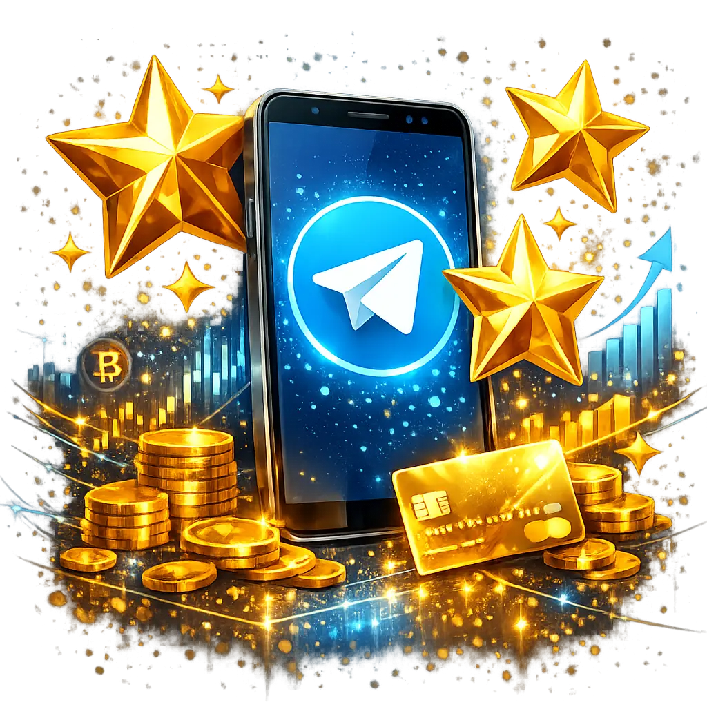 스마트폰 화면 속 텔레그램 로고와 입체적인 황금빛 별들이 어우러진 디지털 결제 및 수익화 이미지