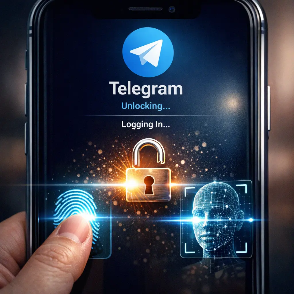 지문 및 안면 인식으로 즉시 잠금 해제되는 텔레그램 로그인 화면