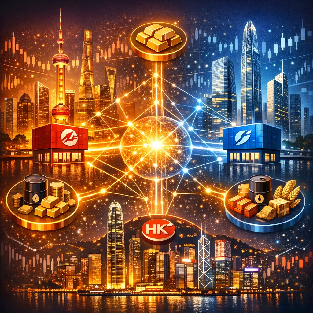 상하이·선전·홍콩 증시 통합 연결망과 거래 품목 확장을 형상화한 인포그래픽 소스 이미지.