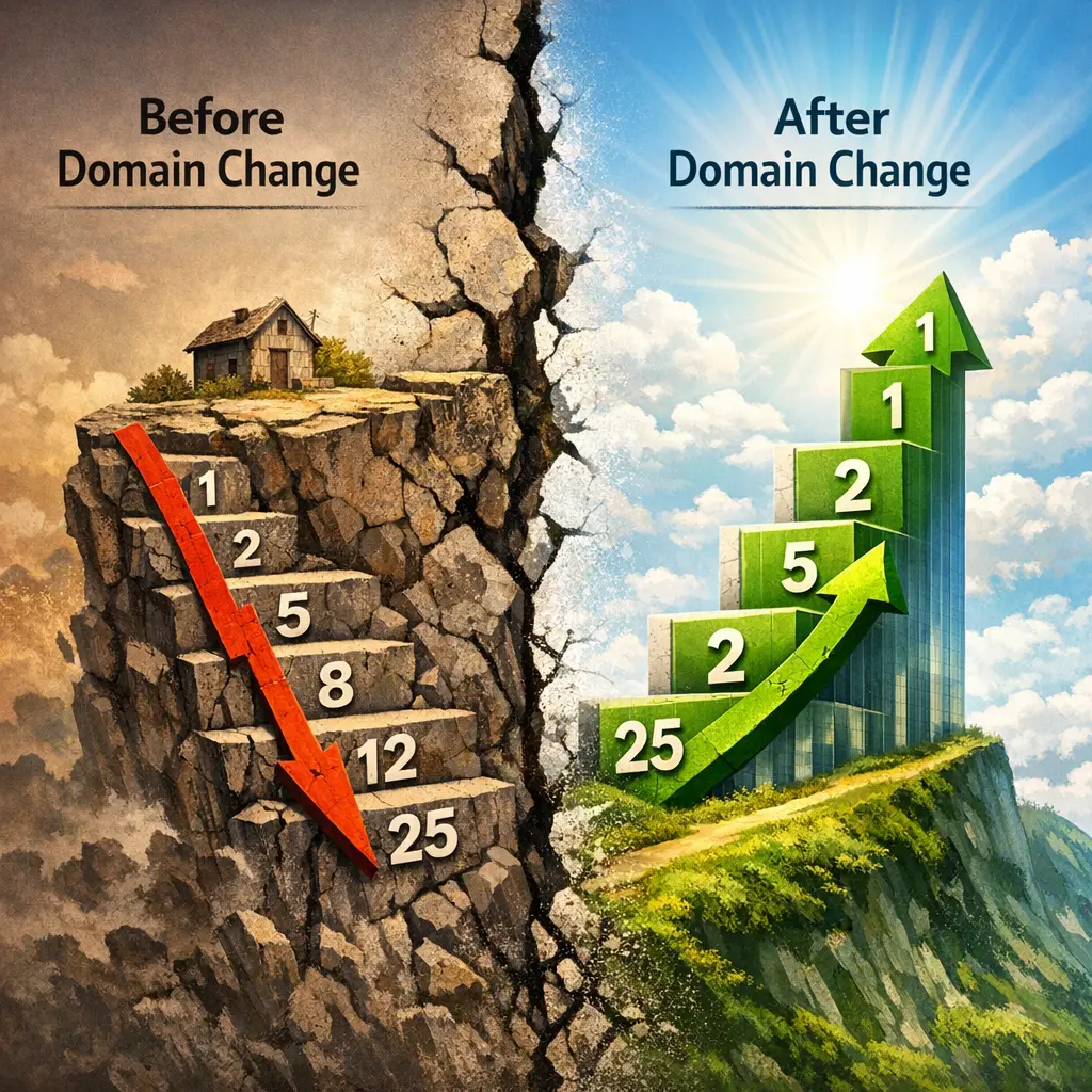 도메인 전환 전후의 검색 엔진 노출 순위 변화를 시각화한 통계 그래프