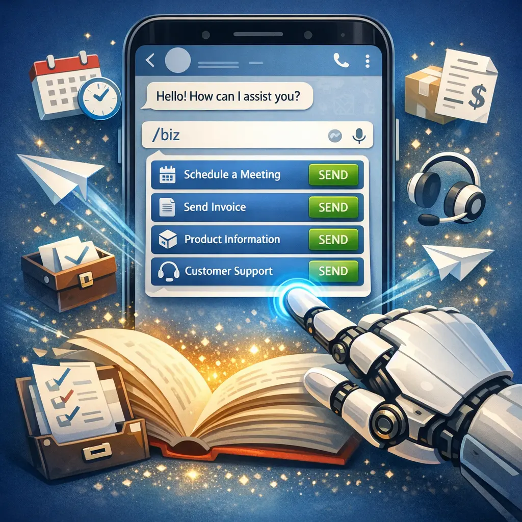 텔레그램 채팅창에서 단축어로 사전에 등록된 비즈니스 응답 목록을 호출하여 빠르게 전송하는 인터페이스 화면 예시