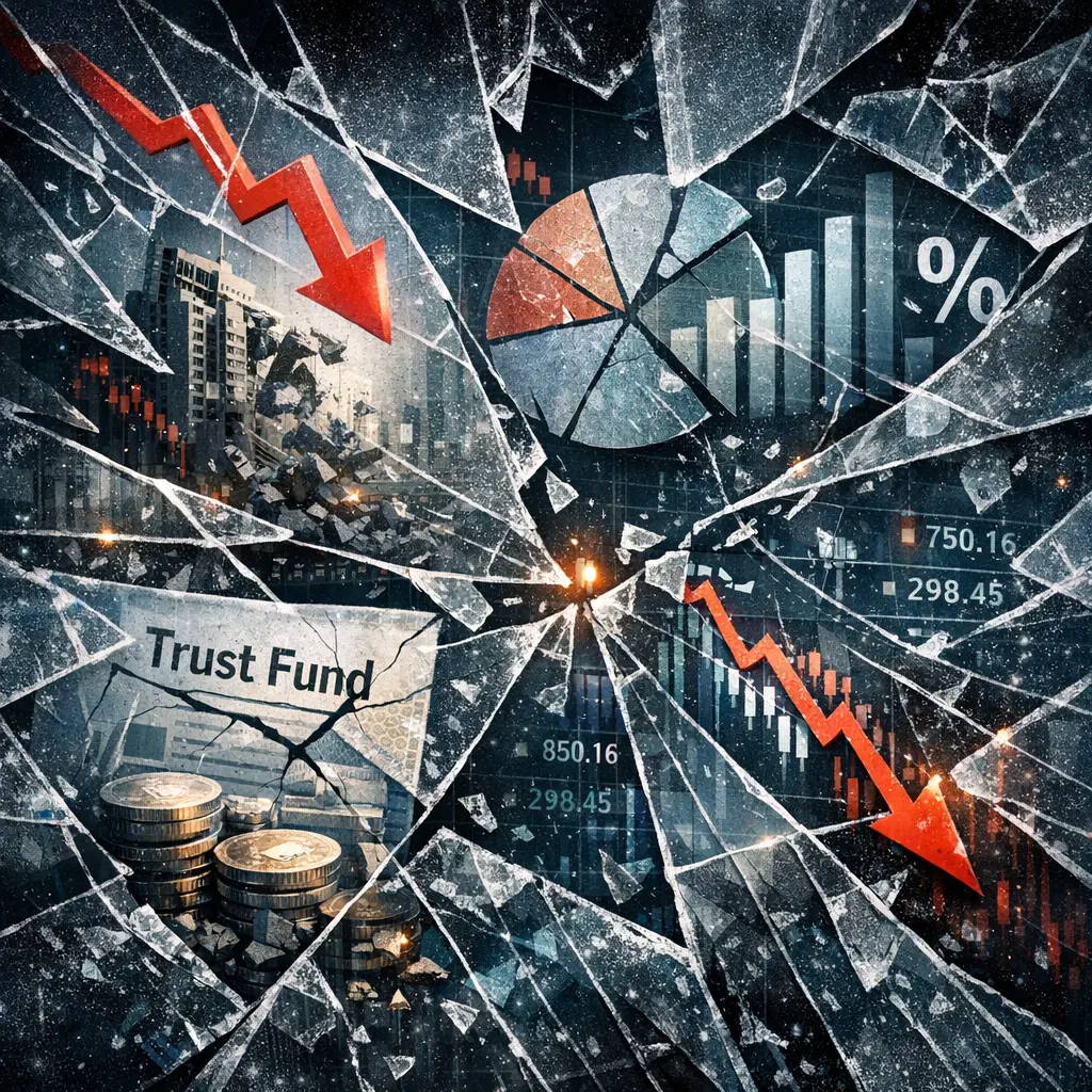 그림자 금융의 연쇄적 균열과 신탁 자산의 지급 불능 위기를 상징하는 깨진 유리 질감의 금융 데이터 이미지