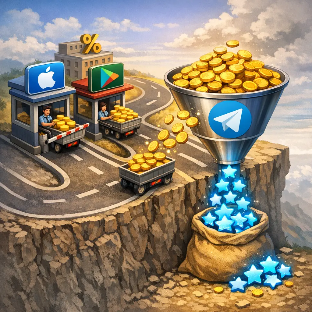 앱스토어 및 플레이스토어 수수료 공제 후 텔레그램 별(Stars) 실제 수익 정산 구조 인포그래픽