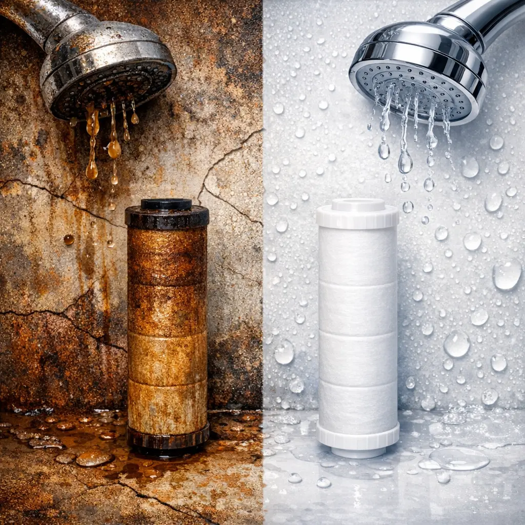 중국 숙소 수질 확인을 위해 변색된 필터와 새 샤워기 필터를 나란히 비교한 모습